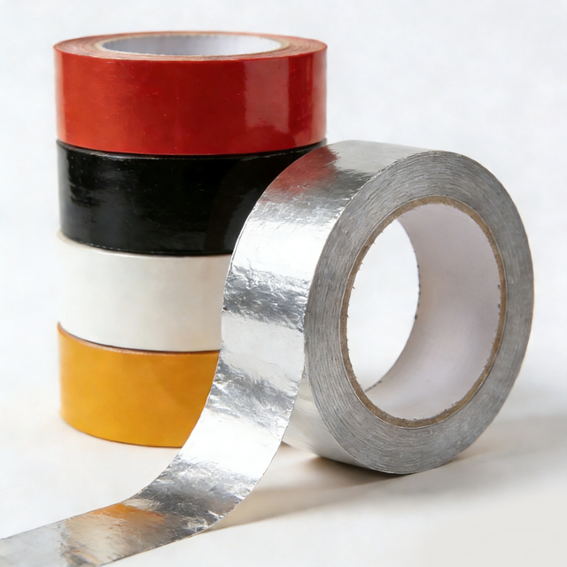Cinta de embalaje de colores y cinta de papel de aluminio.