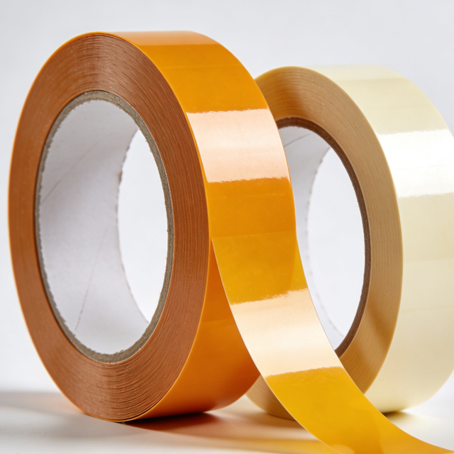 Cintas de embalaje BOPP naranja y transparente.