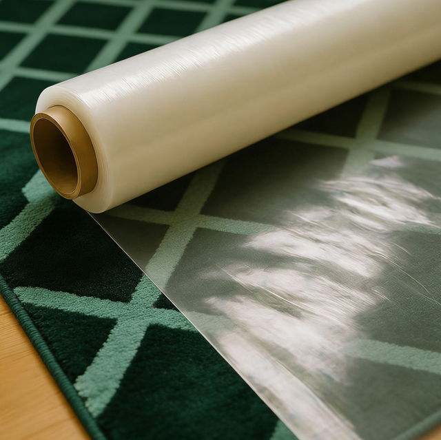 Película protectora transparente para alfombras estampadas.